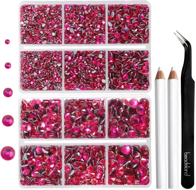 BEADSLAND 6736pcs Hotfix Rhinestones Flatback,Hot Pink Rhinestones for Crafts Clothes Mixed 5 Sizes, Hotfix Crystals with Tweezers and Wax Pencil Kit, SS6-SS30, Hot Pink - Image 1